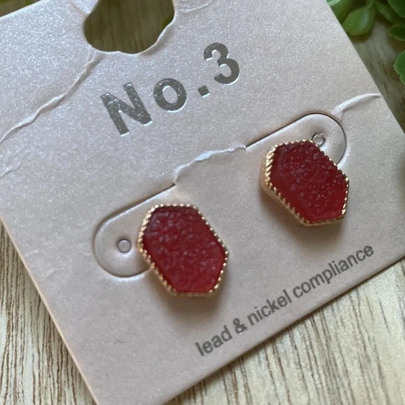 🎉HP🎉 No. 3 Stud Sparkle Druzy Earrings 💗 Red & Gold - Picture 3 of 9